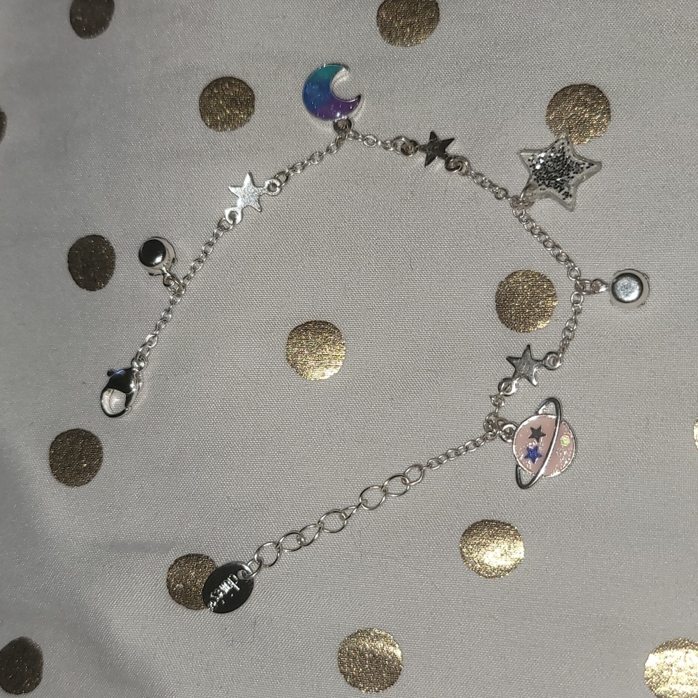 Moon Bracelet, Moon Charms, Saturn Charm, Silver Chain, Starry Bracelet